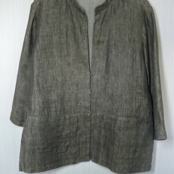 Eileen Fisher Women’s Jacket Blazer Sz L 100% Linen Button Up Pockets 3/4 Sleeve - Picture 1 of 6